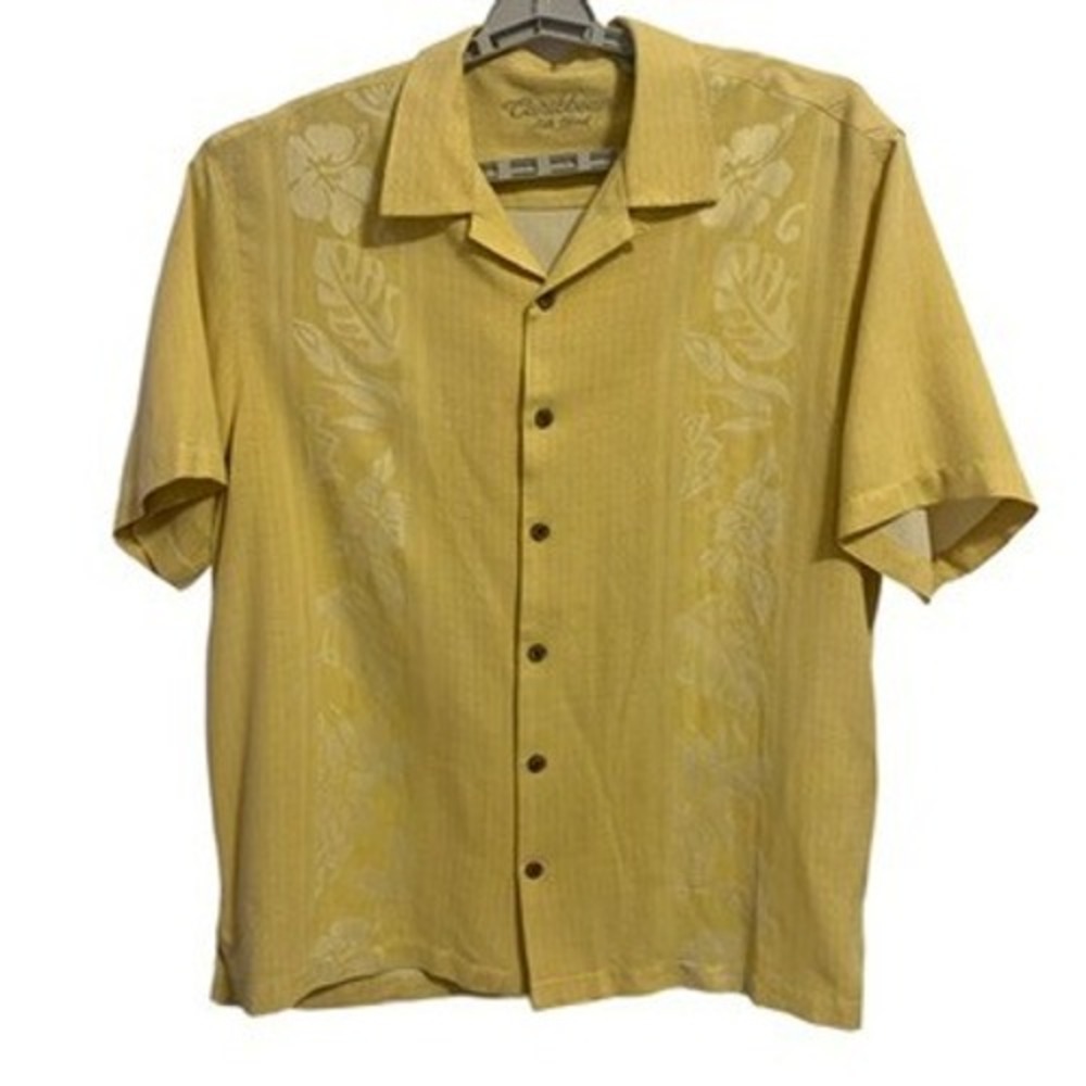Caribbean Button Up Shirt Mens XL Yellow Silk Blend Floral Tropical